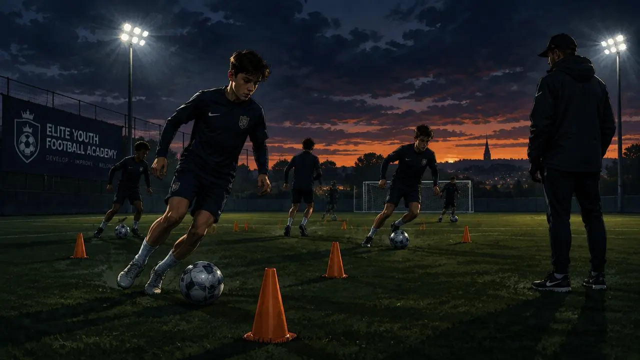 Young footballers training with a coach under academy floodlights