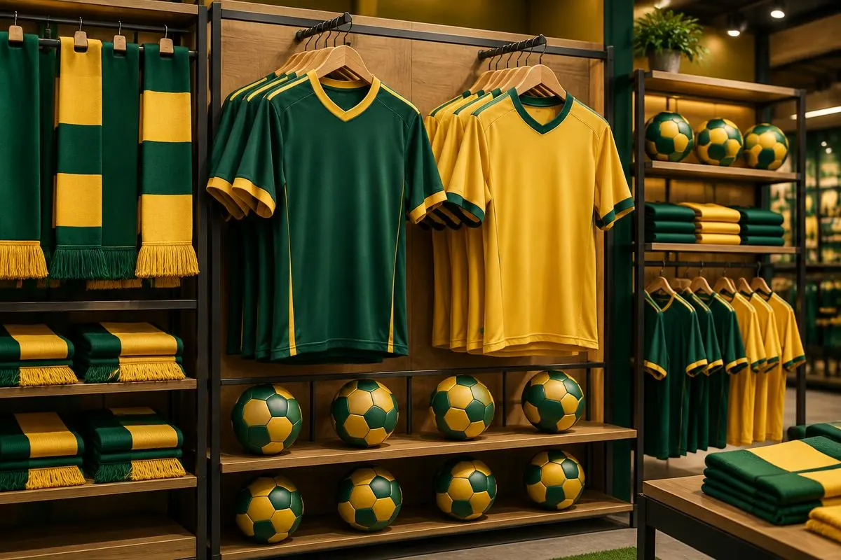 Club merchandise and football shirts displayed in a shop