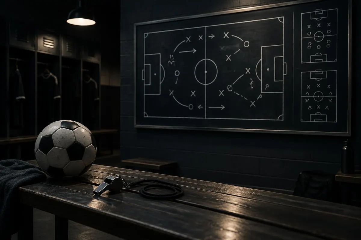 A football tactics board with formation markers on a pitch