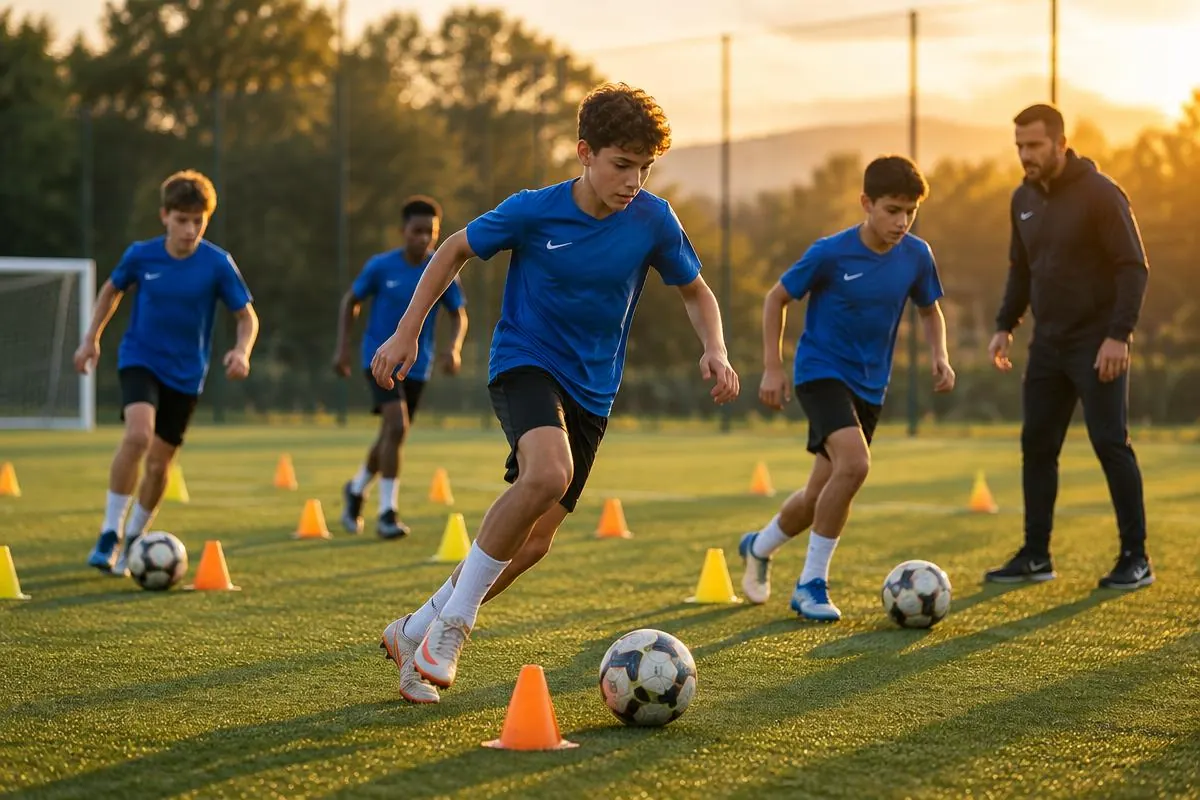 Football players dribbling between cones during a coached training session